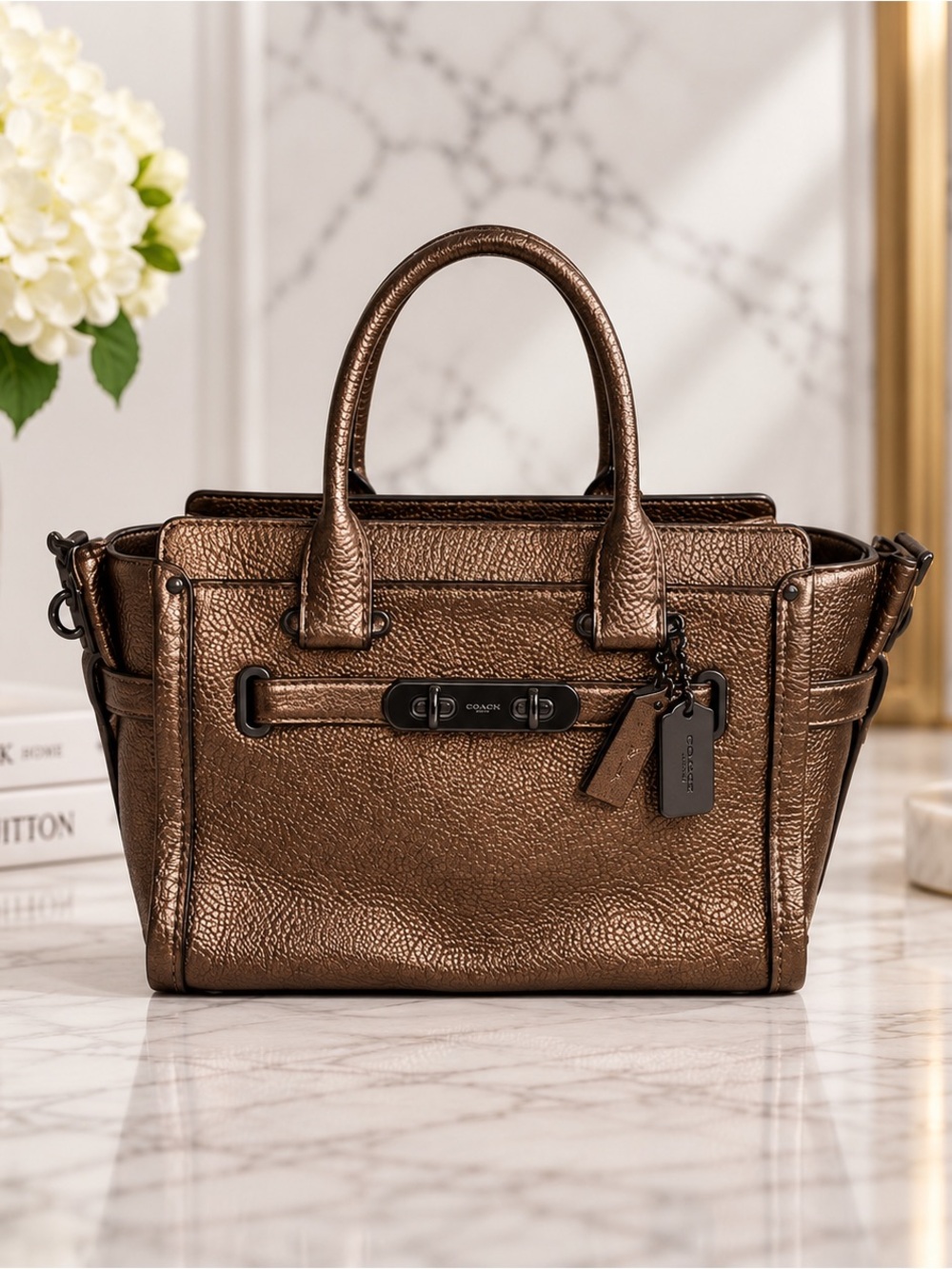 Coach Metallic Bronze Pebbled Leather Swagger 27 Satchel Like New Condition